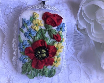 Silk Ribbon Embroidery Necklace/ Necklace/ handmade