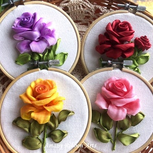 Ribbon embroidery Rose/ Mini handmade hoop/ 3D Embroidery Wall Hanging/  Rose ribbon/ handmade embroidery/ ribbon embroidery