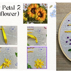 May include: A close-up of a finished embroidery hoop with a sunflower, leaves, and other floral designs. The hoop is on a wooden surface. The image shows the steps for creating a sunflower petal using ribbon embroidery.