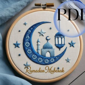 Patrón de bordado de Ramadán Mubarak: Arte mural colorido DIY para principiantes (patrón PDF), Media luna de flores