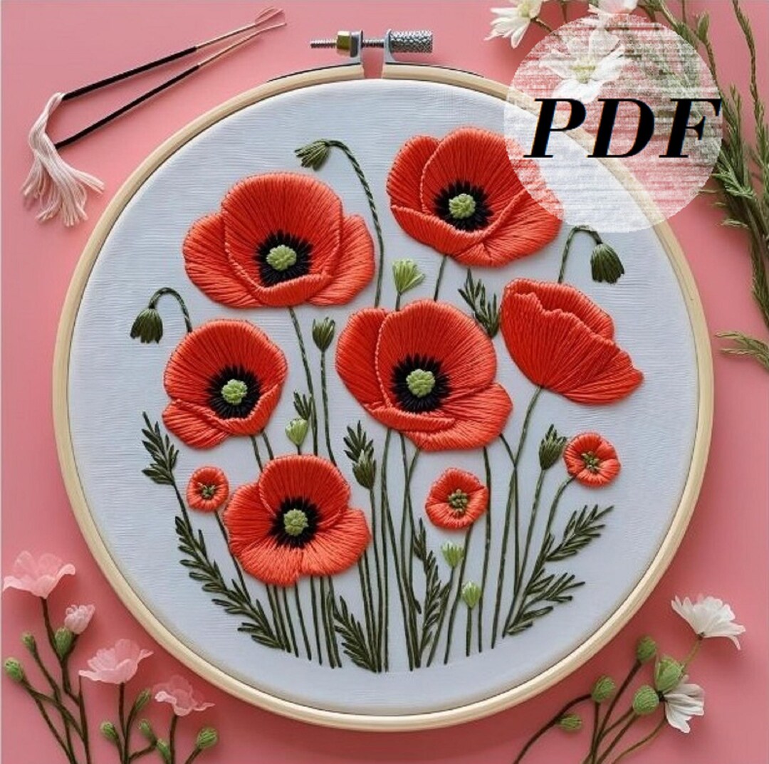 Botanical Red Poppy Flowers Hand Embroidery Pattern | Digital PDF ...