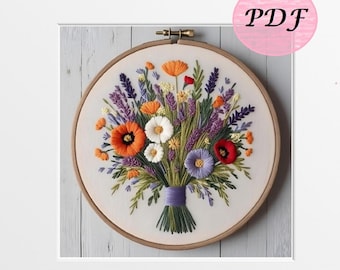 Wildflower Bouquet Embroidery Pattern: Beginner DIY Colorful Wall Art (PDF Pattern)
