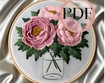 Peony Embroidery Pattern PDF: Wildflower Bouquet, Beginner's Guide (Digital Download)