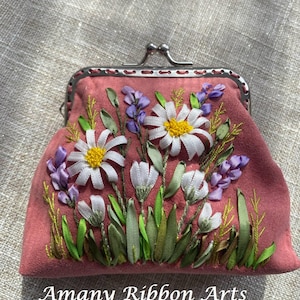 Pink Coin purse with hand ribbon embroidery, Hand embroidery purse, a unique gift for her, handmade