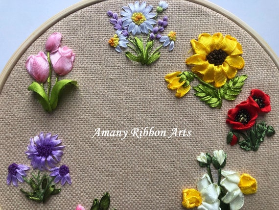 Diverse Ribbon Embroidered Flowers, Ribbon Embroidered, Embroidered Design  , Ribbon Work, Ribbon Embroidery Art, Wall Hanging Art 
