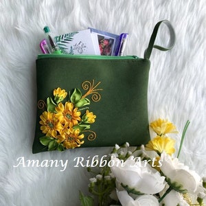 Floral purse, Flower Embroidered Purse, green embroidered purse, handmade, Accessories, makeup bag, ribbon embroidery, square, Gift for Her