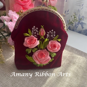 A ribbon embroidered bag, a framed bag, a Hand embroidery bag, a unique gift for her, a kiss lock velvet bag, embroidered evening bag.