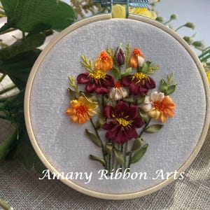 Embroidered silk flowers, Ribbon embroidery Hoop, floral embroidery picture, yellow and pink flowers, unique gift, handmade embroidery