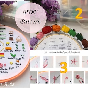 May include: A PDF pattern for embroidery techniques, featuring various stitches like running, stem, and satin. The image includes examples of finished stitches, a color palette, and the text "Amany Ribbon Arts".