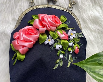 Handmade Ribbon Embroidered Velvet Bag: Floral Kiss Lock Evening Bag