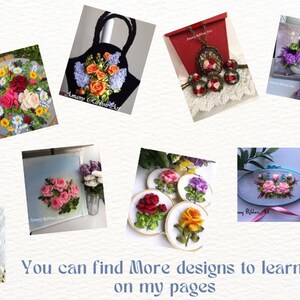 May include: A collage of ribbon embroidery designs featuring various floral arrangements, including roses, hydrangeas, and other flowers. The designs are displayed on different backgrounds, such as tote bags, canvases, and jewelry. The text "You can find More designs to learn on my pages" is displayed at the bottom of the collage.