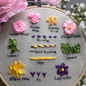 May include: A close-up of a hoop with various ribbon embroidery stitches, including a woven wheel, twirled rose, French knot, straight petal, running stitch, whipped running stitch, leaf, ribbon petal, fly stitch, and lazy daisy. The hoop is labeled "Amany Ribbon Arts".