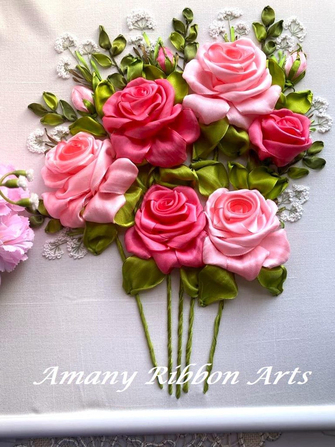 Pink Rose Bouquet Ribbon Art Embroidery: 3D Modern Wall Hanging - Etsy