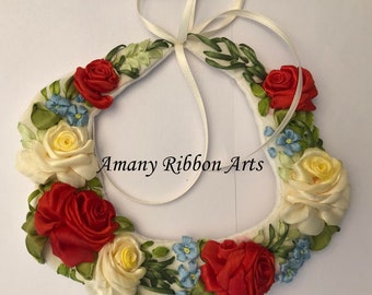 Ribbon embroidery collar/ ribbon art/ fake collar/ribbon necklace/ ribbon embroidery/ embroidered roses/ unique gift for her.