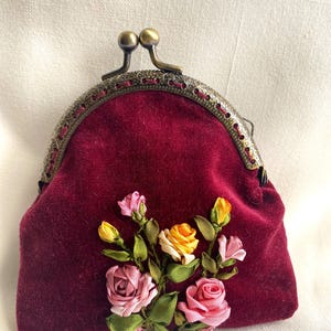 Ribbon embroidery coin purse / Small coin purse with hand ribbon embroidery / Red velvet purse /  Hand embroidery purse/ green purse/ gift