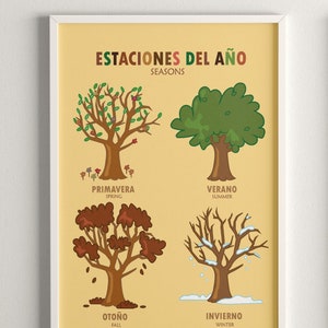 Las estaciones del año Cartel de aprendizaje, Decoración de aula bilingüe en español, Descarga digital educativa, Estaciones del año