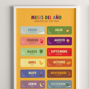 Tweetalige Spaanse posters, Montessori Educatief Leren poster voor Spaans klaslokaal, Maanden van het jaar, Meses Del Año