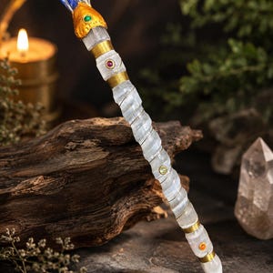 Handcrafted Lapis Angel Selenite Crystal Wand, Celestial Magic Staff, Fantasy Wizard Wand, Reiki Healing Tool, Chakra Meditation Wand