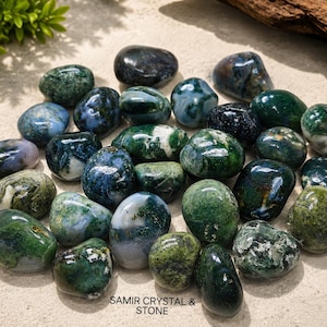 Peut inclure: Une collection de pierres d'agate mousse polies dans des tons de vert profond, vert forêt et blanc translucide. Les galets lisses et arrondis présentent des inclusions et des motifs dendritiques complexes. Le texte indique SAMIR CRYSTAL & STONE.