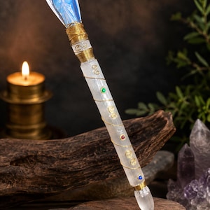 Handmade Opalite Angel Selenite Crystal Wand,Celestial Guardian Magic Staff,Fantasy Wizard Wand,Reiki Healing Tool,Spiritual Meditation Wand