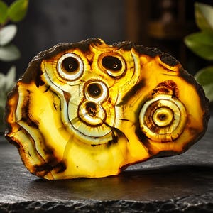 Può includere: Una fetta di agata lucida e traslucida con vivaci tonalità giallo oro e ambra vibranti. La pietra presenta distinti motivi circolari a forma di occhio con anelli concentrici marrone scuro e bande bianche, illuminata dal retro per risaltarne la struttura.