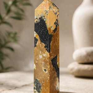 Könnte beinhalten: Ein hoher, rechteckiger Steinobelisk mit spitzer Spitze. Der Stein weist eine Mischung aus Farben auf, darunter Beige, Schwarz und Weiß, wodurch ein einzigartiges Muster entsteht. Der Obelisk steht aufrecht.