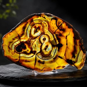 May include: A translucent, polished agate slice featuring vibrant amber, gold, and deep brown concentric banding. The mineral specimen displays natural, organic circular patterns and dark inclusions, illuminated from behind to highlight its internal structure.