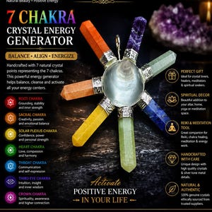 May include: A 7 chakra crystal energy generator featuring seven distinct natural crystal points arranged in a star pattern around a central clear stone. Each point is capped with silver-tone metal and represents a specific chakra color.