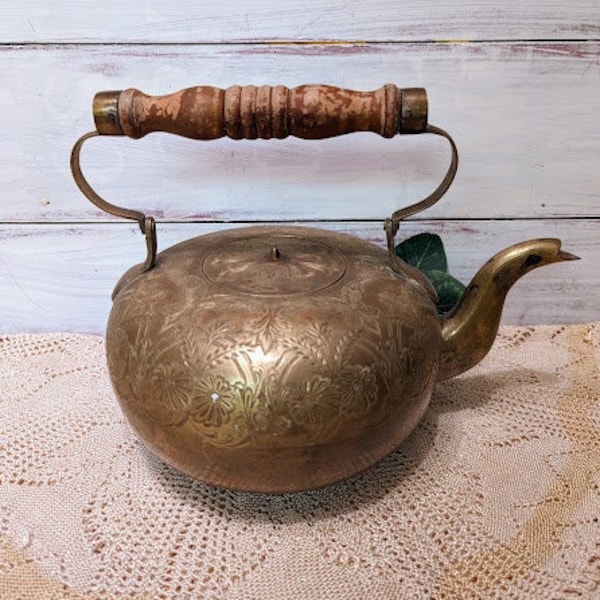 Vintage brass Etched Tea Kettle Coffee Pot with Wooden Handle