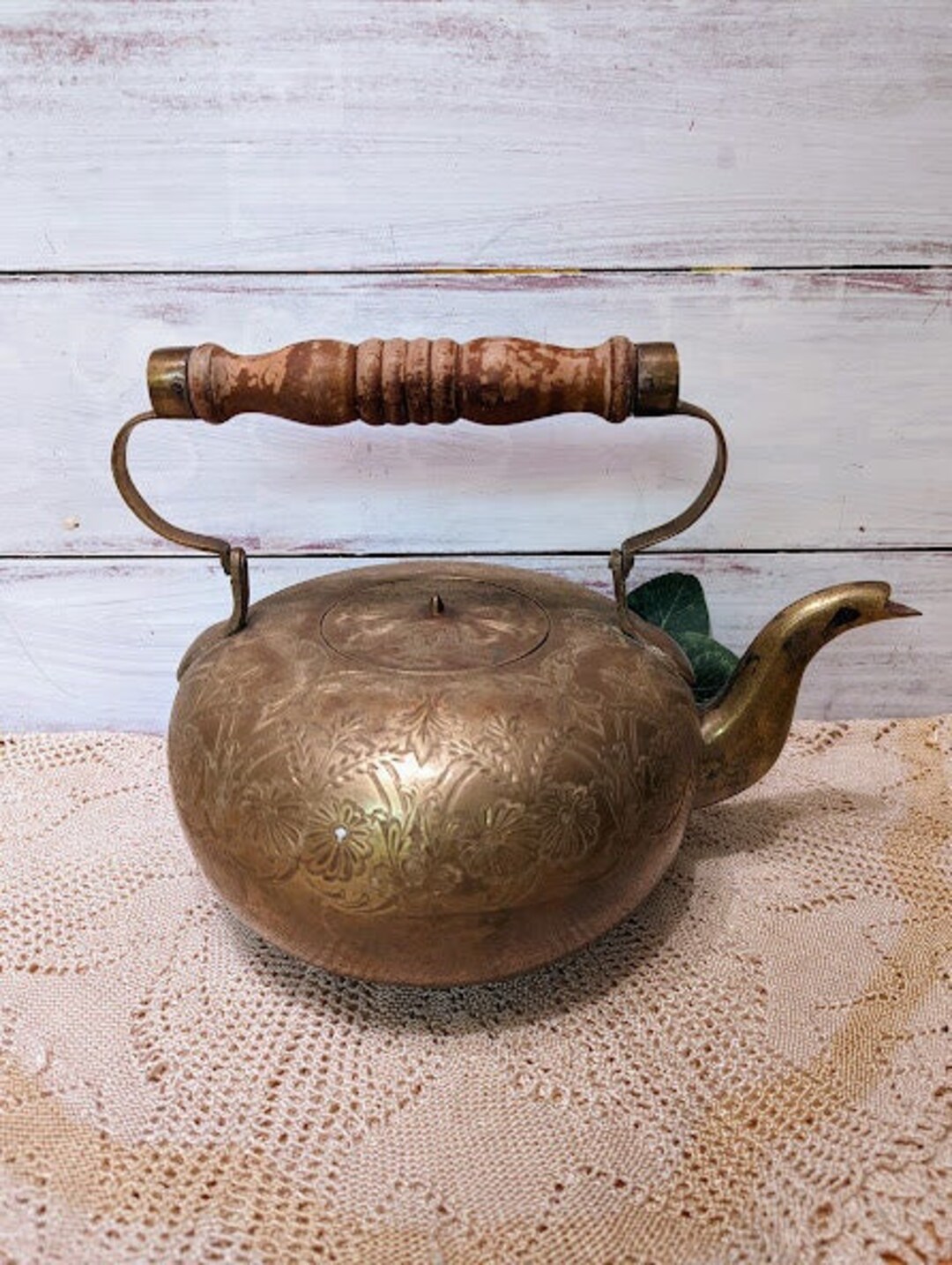 Vintage Brass Etched Tea Kettle Coffee Pot With Wooden Handle Etsy