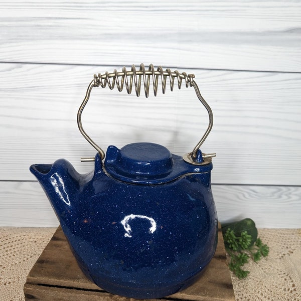 Vintage Blue Cast Iron Graniteware Look Kettle with Spiral Metal Handle Heavy and Solid
