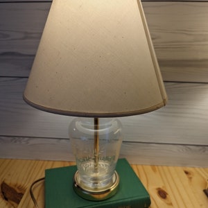 Vintage Etched Clear Glass Lamp with Leaf Detail and Gold Metal Accents
