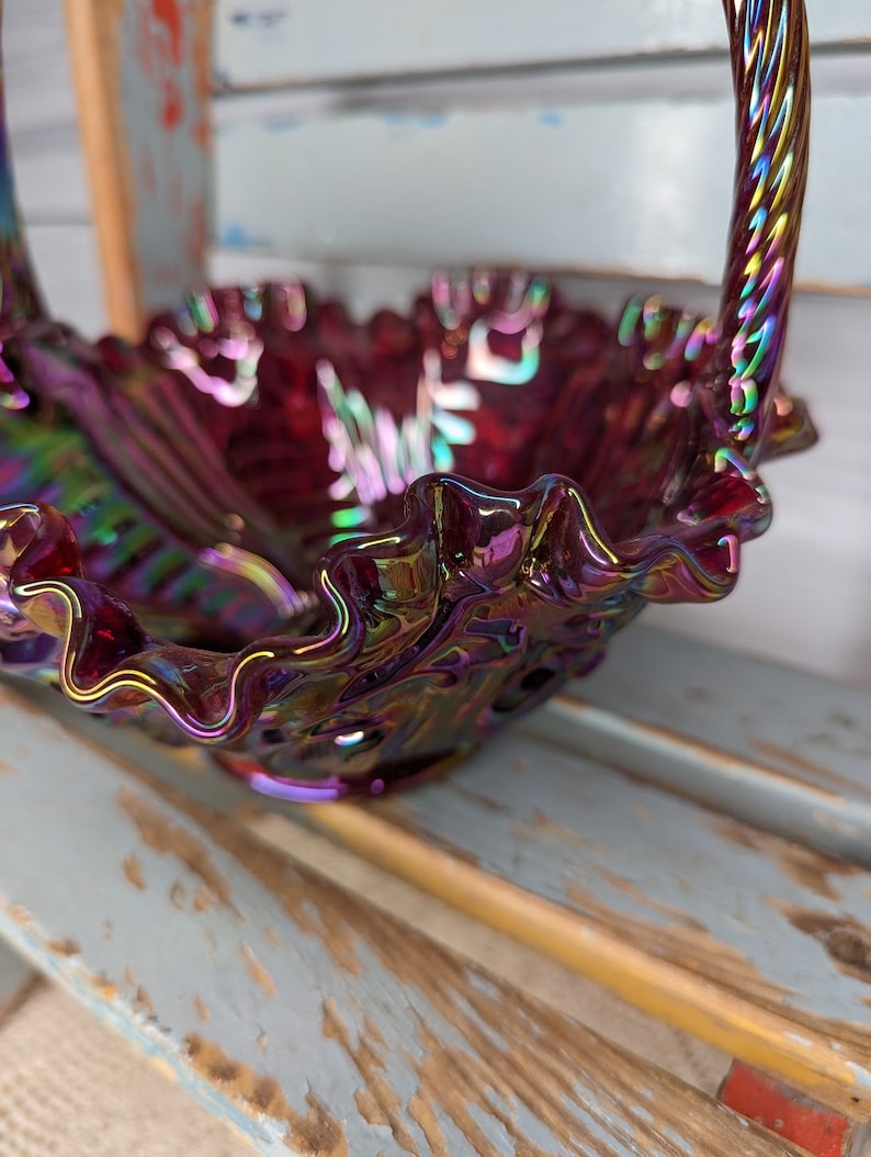 Vintage Fenton Iridescent Red Glass Basket With Handle Signed Etsy