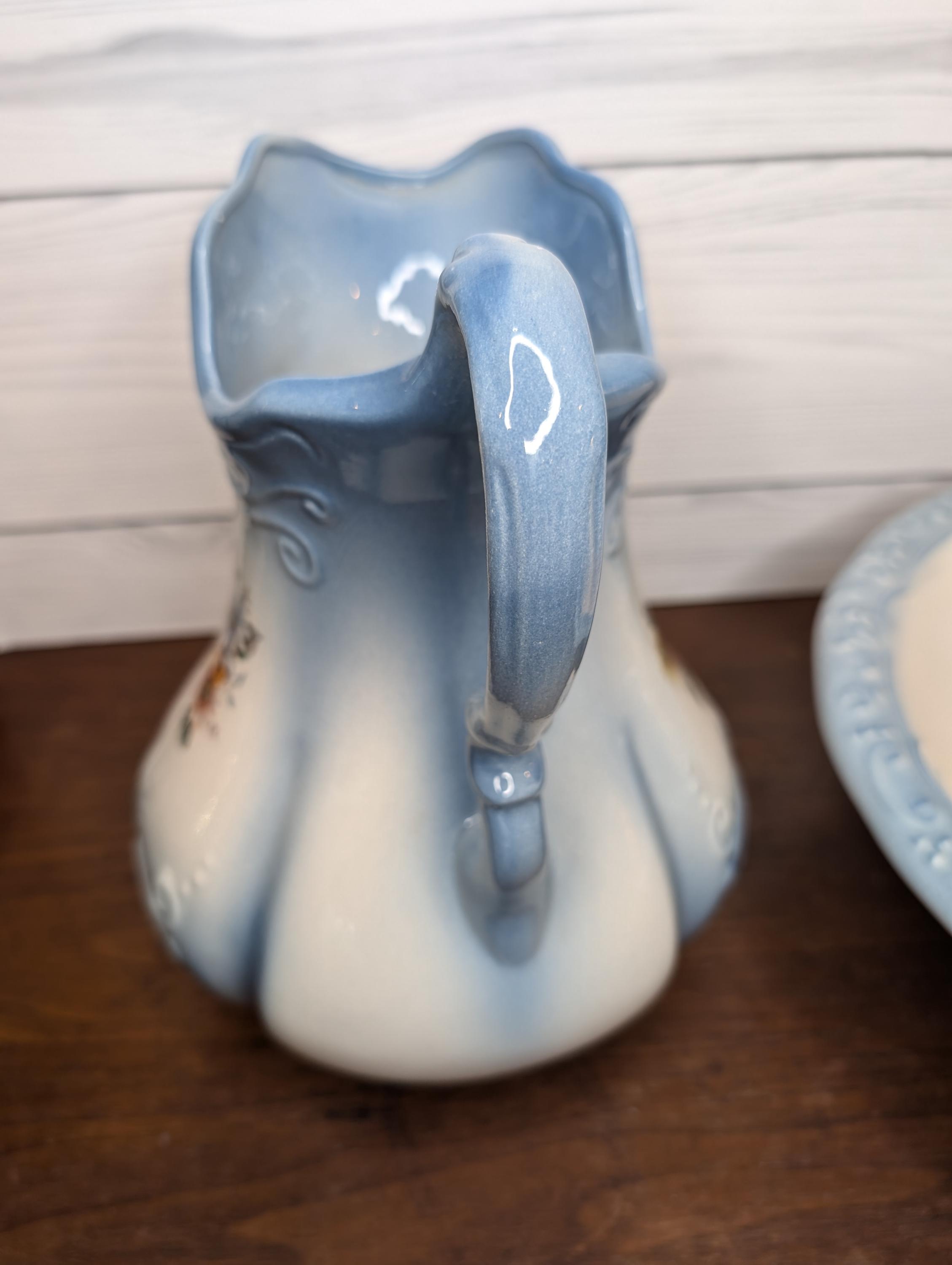 Vintage Light Blue Ironstone Bowl and Pitcher Set With Orange Floral ...