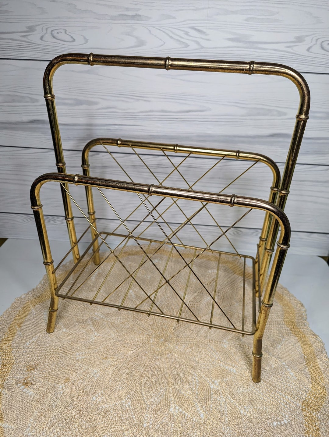 Vintage Gold Color Brass Magazine Rack With Bamboo Detail Art Etsy
