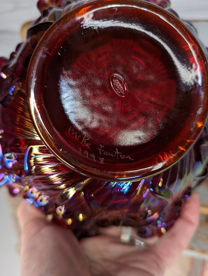 Vintage Fenton Iridescent Red Glass Basket With Handle Signed Etsy