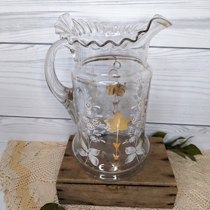Vintage Hand Painted Clear Ruffled Rim Glass Pitcher with Flower and Gold Leaf Detail