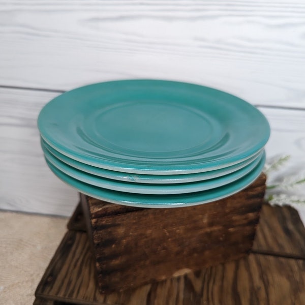 Vintage Hazel Atlas Teal and Milk Glass Bread Plates Set of Four