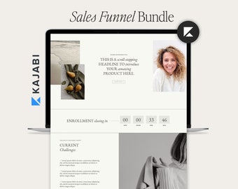 Könnte beinhalten: Ein Laptop-Bildschirm zeigt eine Website mit weißem Hintergrund und schwarzem Text. Die Website ist für ein Sales-Funnel-Paket. Der Text auf dem Bildschirm lautet "Dies ist eine scroll-stoppen-Überschrift, um Ihr erstaunliches Produkt vorzustellen." und "Einschreibung endet in 00 00 33 46". Die Website enthält auch ein Foto einer Frau mit langen braunen Haaren und einem weißen Shirt. Die Website ist für ein Unternehmen namens Kajabi.