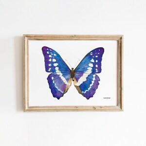 Puede incluir: Una impresión en acuarela enmarcada de una mariposa. La mariposa tiene alas azules y moradas con detalles blancos. El marco es de color marrón claro. La obra de arte está firmada en la esquina inferior derecha.