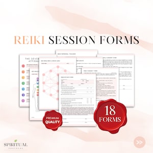 Może przedstawiać: Zestaw 18 drukowanych formularzy sesji Reiki, w tym śledzenie skierowań, formularz wstępny, formularz zgody i siatka czakr. Formularze są zaprojektowane w profesjonalnym i nowoczesnym stylu, z kolorystyką czerwoną i białą. Tekst "Premium Quality" jest wyświetlany na czerwonej pieczęci.