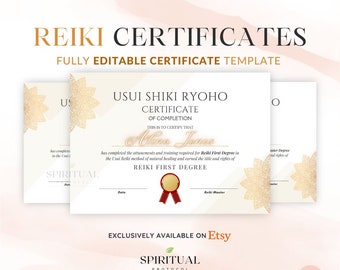 Reiki Certificate Template For Reiki Master/Teacher/Practitioner (Printable and Editable)