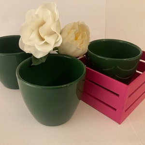 Puede incluir: Tres macetas de cerámica verde con flores blancas sobre una caja de madera rosa. Las macetas son redondas y tienen un acabado liso.