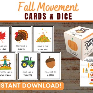 Fall Movement Cards & Dice | Printable Autumn Activity Flashcards for kids, toddlers, preschool, pre-k, kindergarten | INSTANT DOWNLOAD
