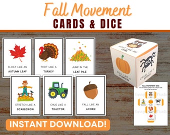 Fall Movement Cards & Dice | Printable Autumn Activity Flashcards for kids, toddlers, preschool, pre-k, kindergarten | INSTANT DOWNLOAD