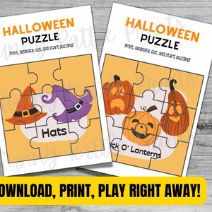 May include: Two Halloween-themed puzzles with orange and yellow puzzle pieces. One puzzle features witch hats, the other Jack O' Lanterns. The text reads "HALLOWEEN PUZZLE" and "DOWNLOAD, PRINT, PLAY RIGHT AWAY!" with orange pumpkin cutouts.