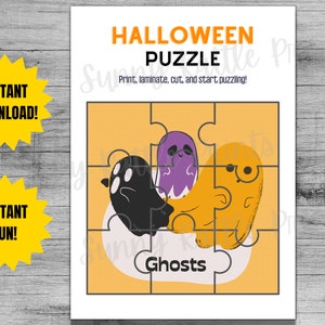 May include: A Halloween-themed puzzle featuring three cartoon ghosts in black, purple, and orange. The puzzle is on a light orange background with the word "Ghosts" at the bottom. The words "Halloween Puzzle" are at the top.