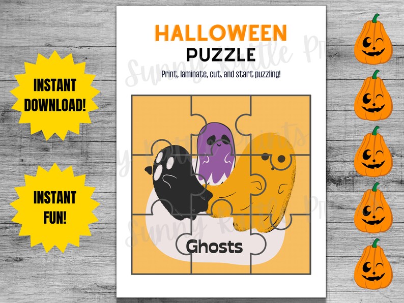 May include: A Halloween-themed puzzle featuring three cartoon ghosts in black, purple, and orange. The puzzle is on a light orange background with the word "Ghosts" at the bottom. The words "Halloween Puzzle" are at the top.