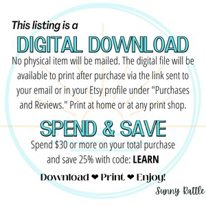 May include: A digital download announcement with a light blue circular design. Text includes "DIGITAL DOWNLOAD", "SPEND & SAVE", and "Download Print Enjoy!". The image also states that no physical item will be mailed.