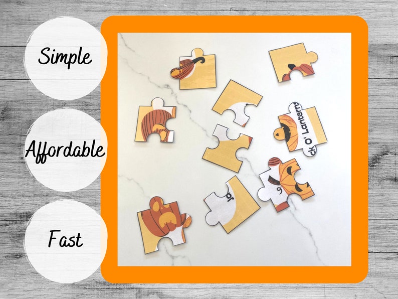 May include: A collection of puzzle pieces with a pumpkin theme, featuring orange, brown, and yellow colors. Some pieces are connected, while others are separate. The text "Jack O' Lanterns" is visible on one piece. The words "Simple", "Affordable", and "Fast" are also present.